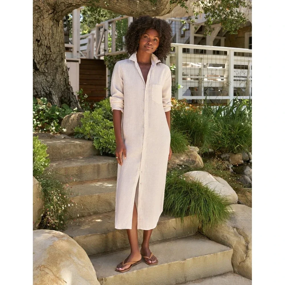 Frank & Eileen Rory Linen Maxi Shirt Dress Sand Beige Womens Small Long Sleeve